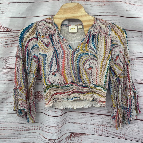 Maeve Tops - Maeve Anthropologie Shirt Womens Medium Smocked Cropped Blouse Bell Sleeve Swirl